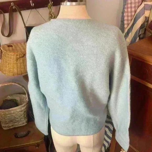 Light Blue Long Sleeve Wool Granny Cardigan with Embroidered Leaf Motif - Picture 7 of 8